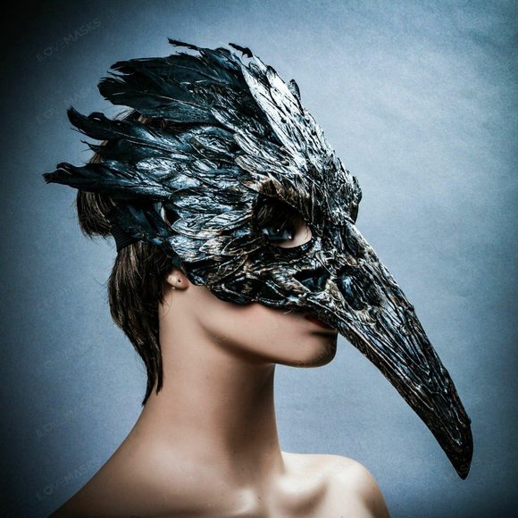 Brown Raven Skull Long Nose w/ Feather Party Mask - Picture 3 of 10